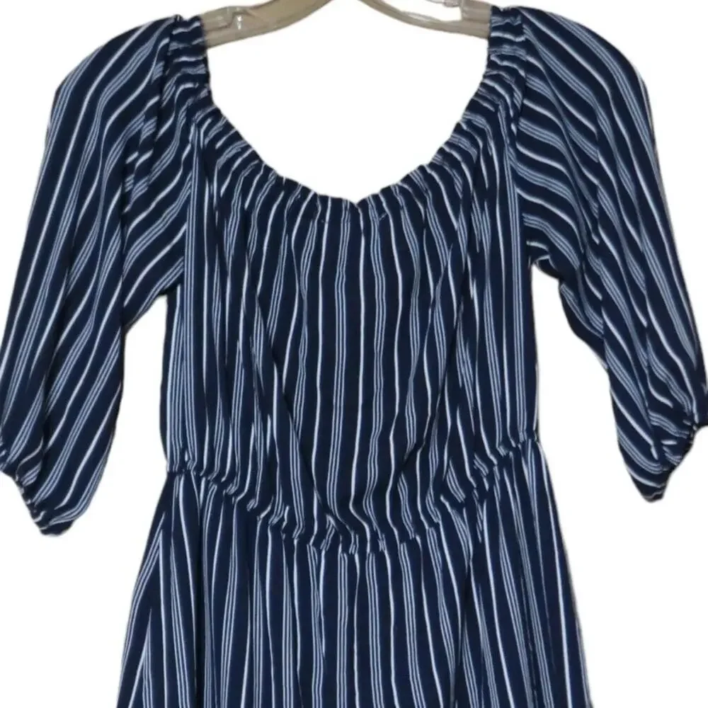 BB Dakota Off Shoulder Dress Fit & Flare Elastic Waist Striped Navy Blue White S